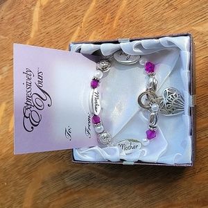 Silver Tone & Purple Beaded & Heart Mom Bracelet (Read "Slight Discoloration")